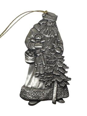 Santa Claus Pewter Ornament By Avon 1993 With Toys & Tree 3.5" Hanging Christmas
